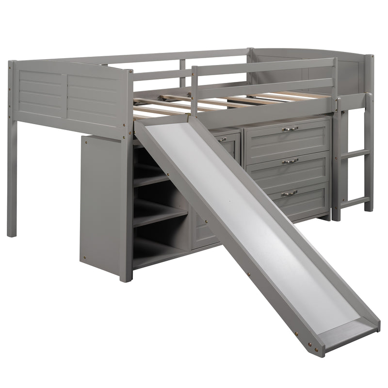 Low Twin Size Loft Bed with Cabinets, Shelves and Slide