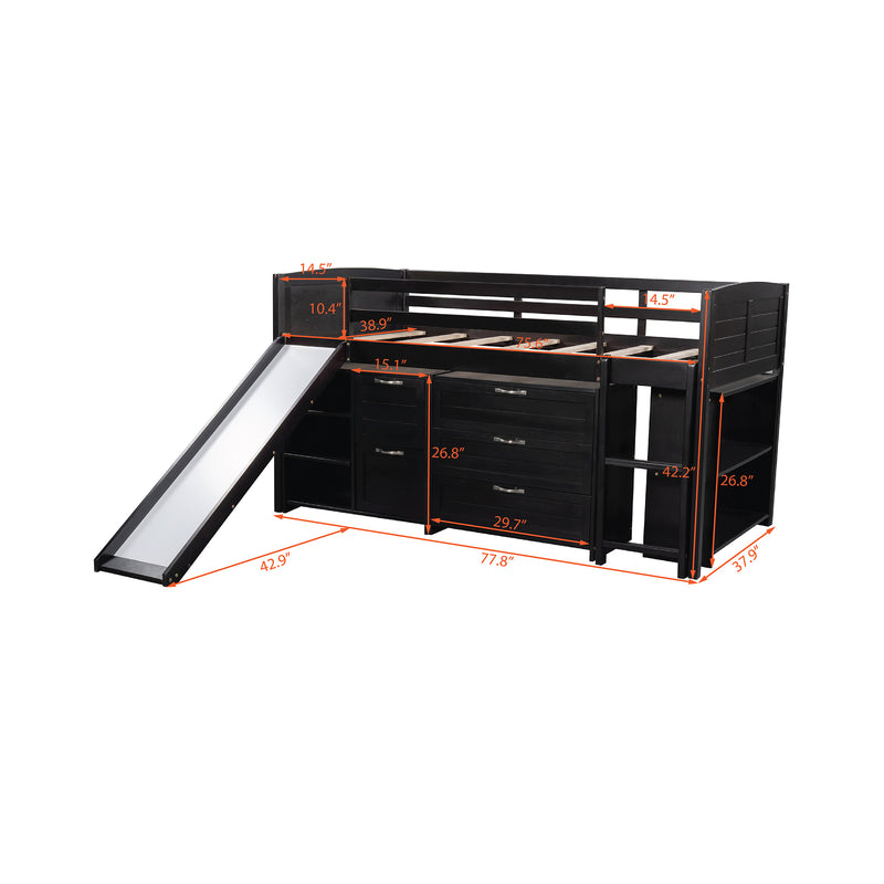 Low Twin Size Loft Bed with Cabinets, Shelves and Slide