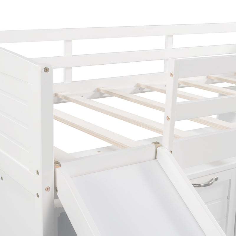 Low Twin Size Loft Bed with Cabinets, Shelves and Slide