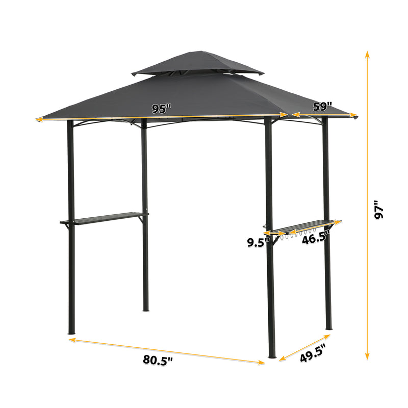 Outdoor Grill Gazebo 8 x 5 Ft, Shelter Tent, Double Tier Soft Top Canopy and Steel Frame with hook and Bar Counters, Grey