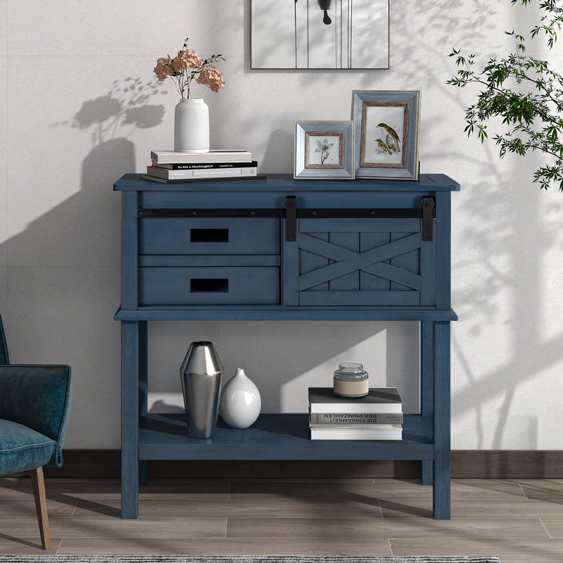 Classic Farmhouse Style Pine Wood Console Table with Sliding Barn Door and Two Drawers One Cabinet Open Style Shelf (Navy)