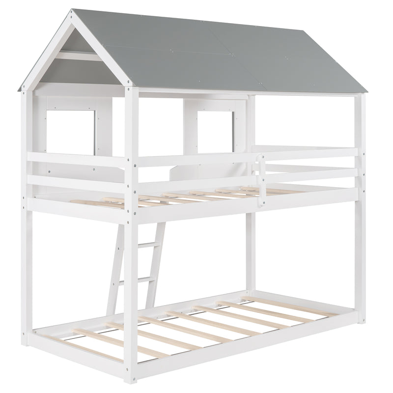 Twin Over Twin Bunk Bed Wood Bed with Roof, Window, Guardrail, Ladder (White)
