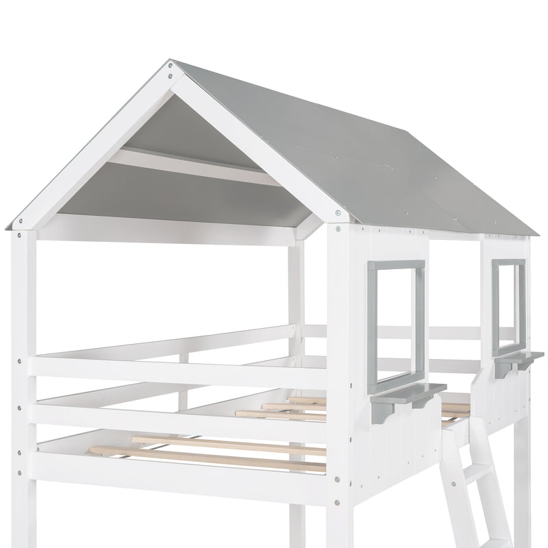 Twin Over Twin Bunk Bed Wood Bed with Roof, Window, Guardrail, Ladder (White)