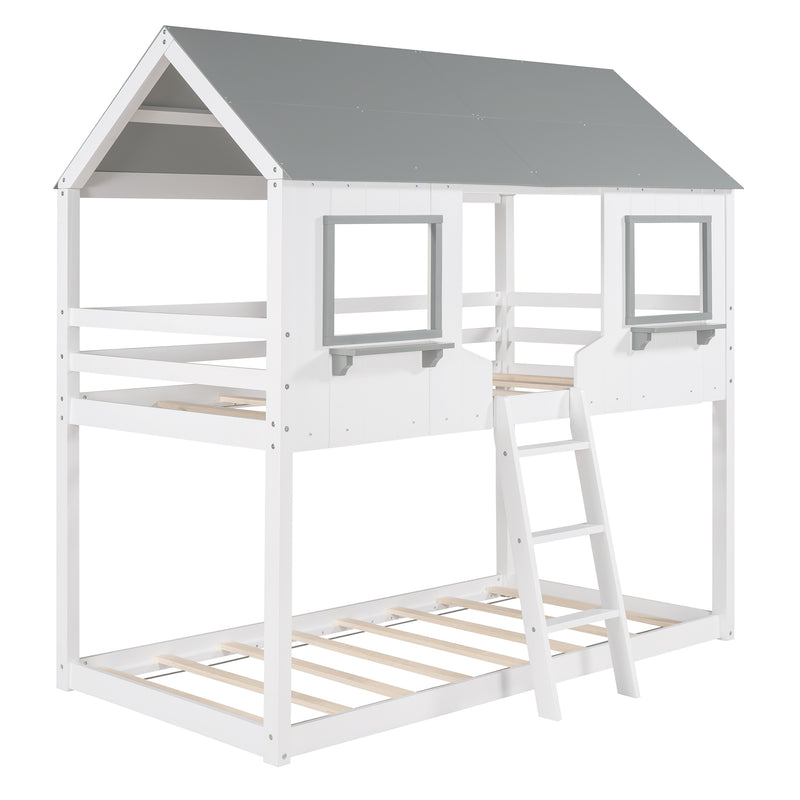 Twin Over Twin Bunk Bed Wood Bed with Roof, Window, Guardrail, Ladder (White)