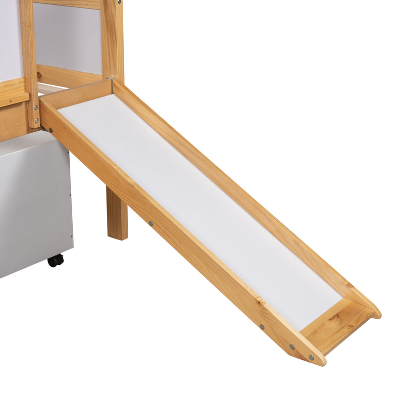 Twin size Low Loft Bed Wooden Bed with Two Storage Boxes