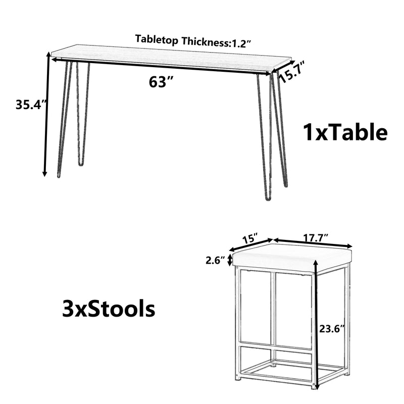 Updated 4 Pieces Counter Height Extra Long Dining Table Set with 3 PU Stools Bar Kitchen Table Set Console Table,Rustic Brown Table+Black Stool