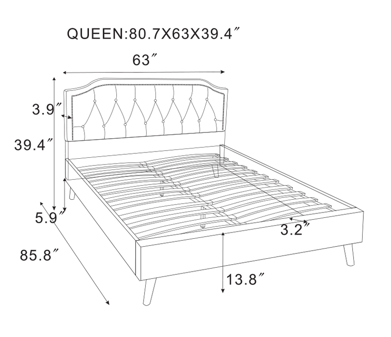 Queen Size upholstered platform bed fabric bed frame box spring NOT needed