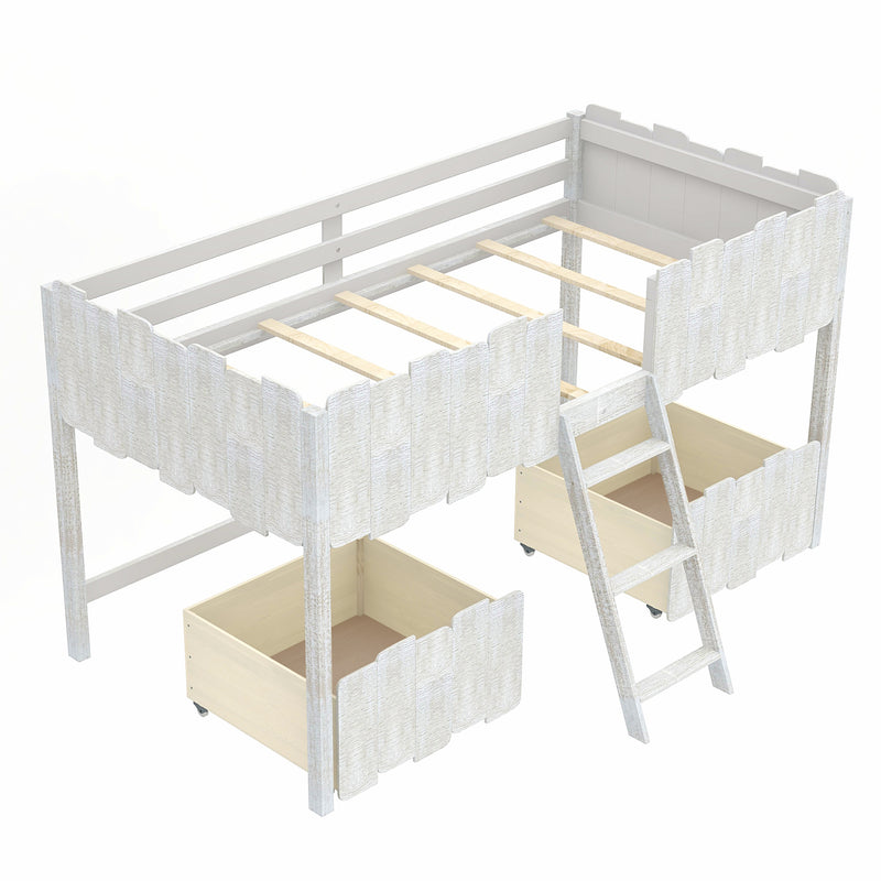 Twin Size Rustic Loft Bed with Two Drawers