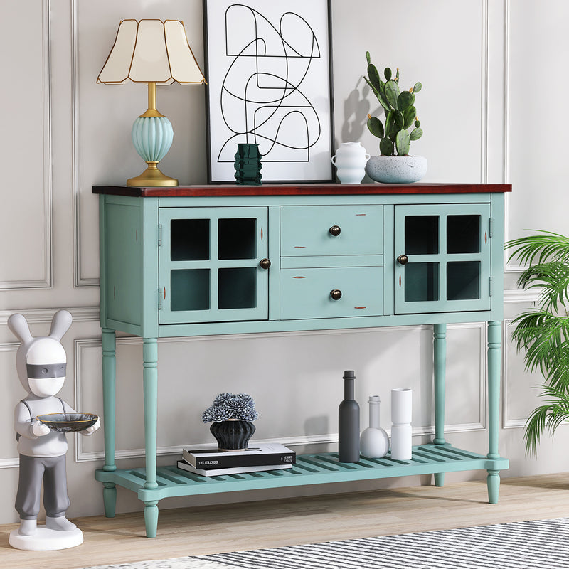Sideboard Console Table with Bottom Shelf, Farmhouse Wood/Glass Buffet Storage Cabinet Living Room