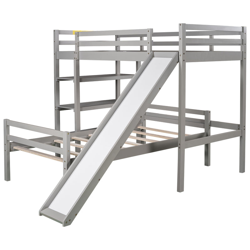 Twin/Full Size Loft Bed with Shelves over Twin Separate Platform Bed ,Gray