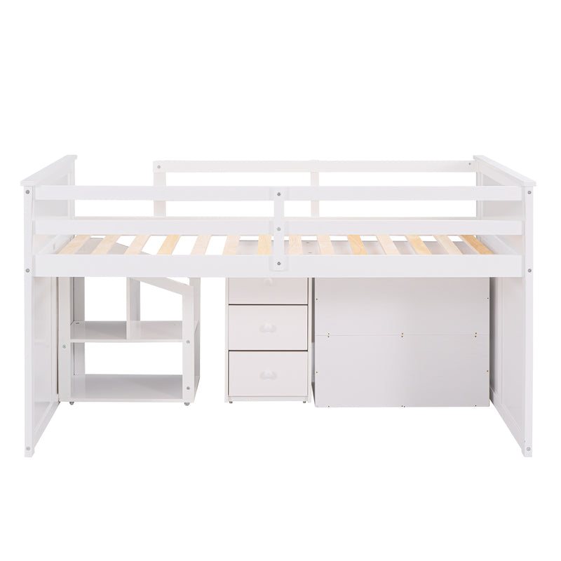 Loft Bed Low Study Twin Size Loft Bed With Storage Steps and Portable,Desk,White