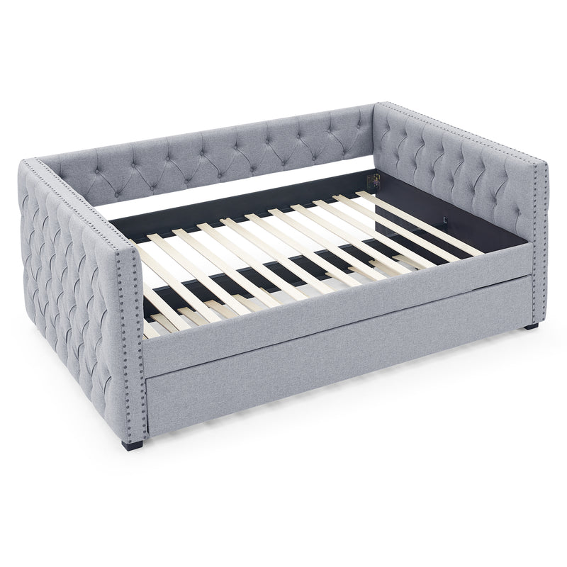 Daybed with Trundle Upholstered Tufted Sofa Bed, with Button and Copper Nail on Square Arms，Full Daybed & Twin Trundle, Grey（86“x57”x33.5“）