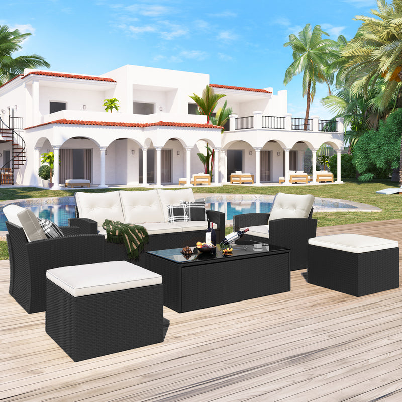 6-piece All-Weather Wicker PE rattan Patio Outdoor Dining Conversation Sectional Set with coffee table, wicker sofas, ottomans, removable cushions (Black wicker, Beige cushion)