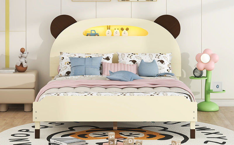 Full Size Wood Platform Bed with Bear-shaped Headboard,Bed with Motion Activated Night Lights,Cream+Walnut