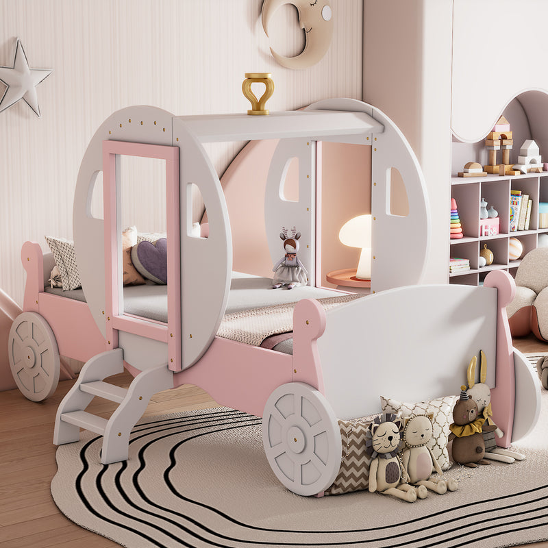 Twin size Princess Carriage Bed with Crown ,Wood Platform Car Bed with Stair,White+Pink