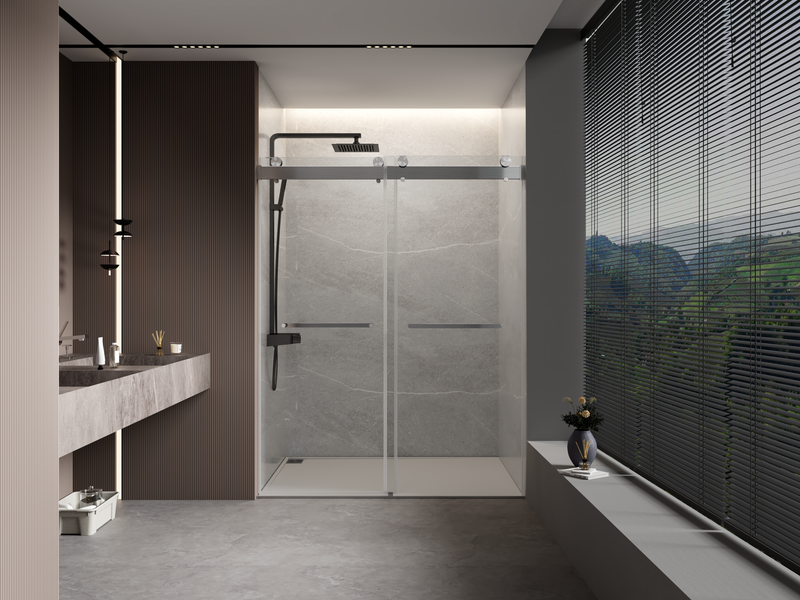 60" W x 76" H Double Sliding Frameless Soft-Close Shower Door with Premium 3/8 Inch (10mm) Thick Tampered Glass in Brushed Nickel  22D02-60BN