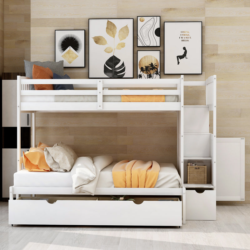 Twin over Full/Twin Bunk Bed, Convertible Bottom Bed, Storage Shelves and Drawers, White