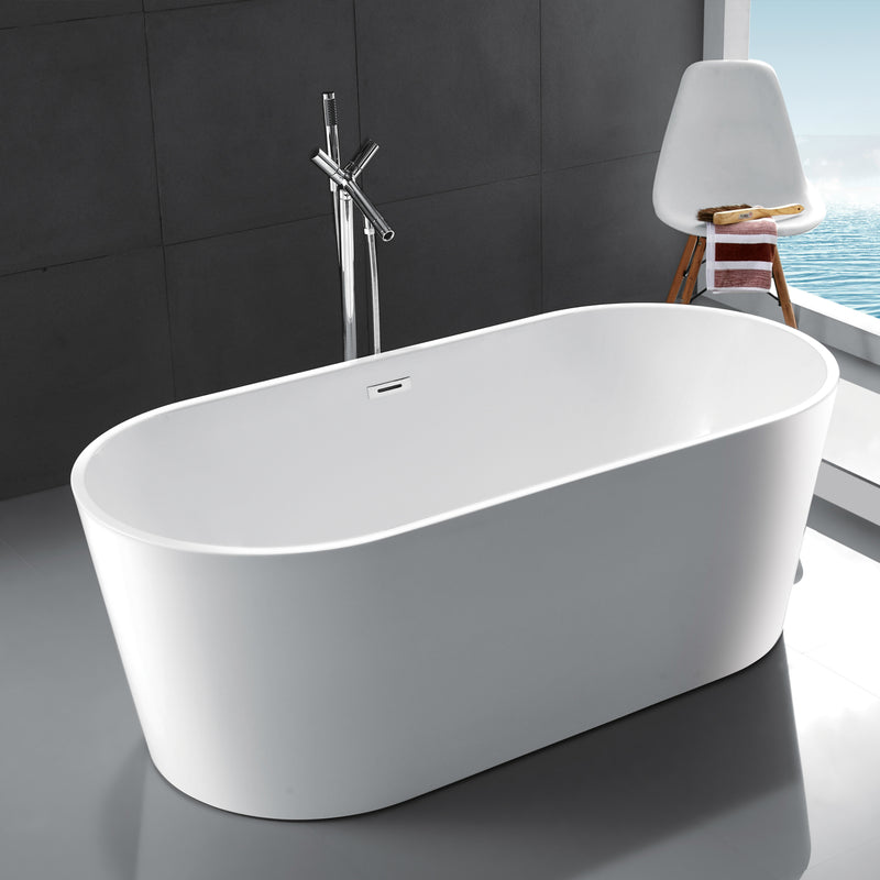 59" 100% Acrylic Freestanding Bathtub Contemporary Soaking Tub with Brushed Nickel Overflow and Drain