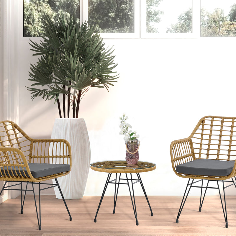 Modern Rattan Coffee Chair Table Set 3 PCS, Outdoor Furniture Rattan Chair,Garden Set（Two Chair + One Table）