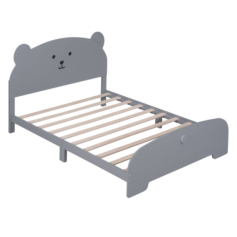 Full Size Wood Platform Bed with Bear-shaped Headboard and Footboard,Gray
