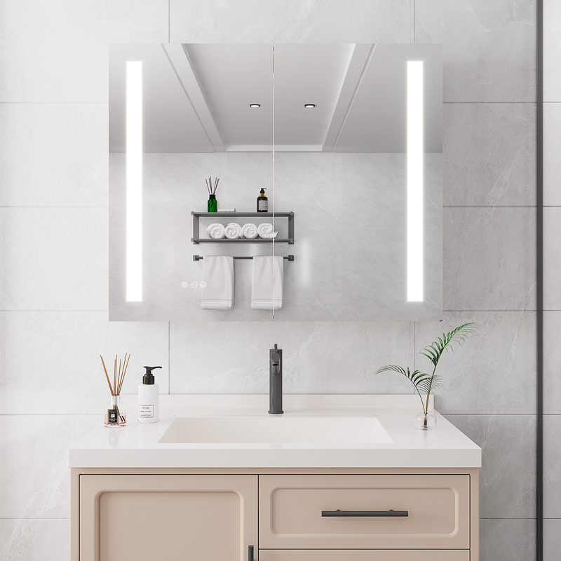 36 x 30 inch Medicine Cabinet with LED Vanity Mirror, Anti-Fog, Dimmable, Recessed or Surface Mount, Aluminum 3000K~6000K Lighted Double Door Bathroom Cabinet with Touch Switch