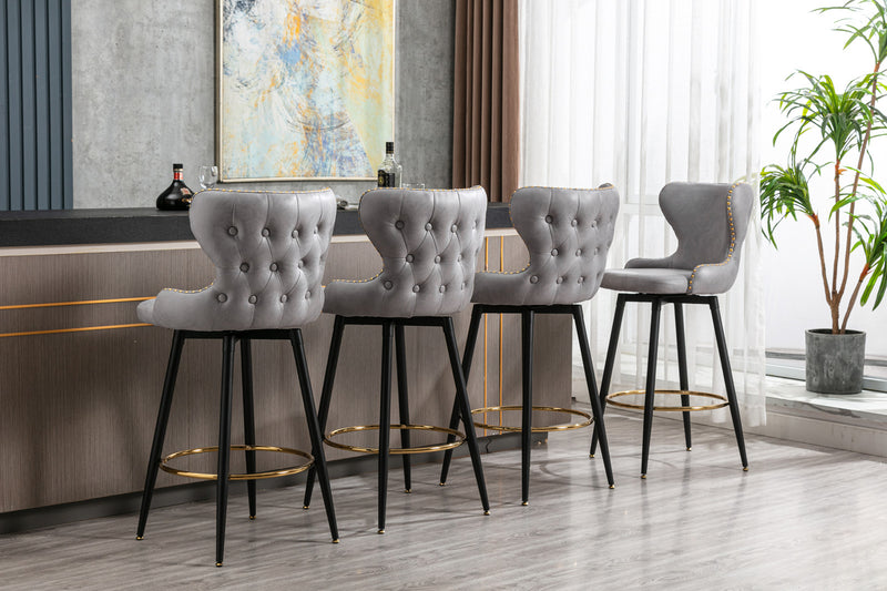 29" Modern Fabric Faux Leather bar chairs,180° Swivel Bar Stool Chair for Kitchen,Tufted Gold Nailhead Trim Gold Decoration Bar Stools with Metal Legs,Set of 2 (Light Grey)