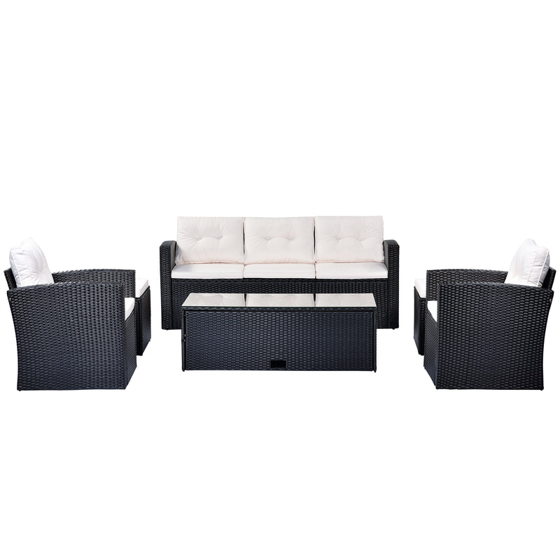 6-piece All-Weather Wicker PE rattan Patio Outdoor Dining Conversation Sectional Set with coffee table, wicker sofas, ottomans, removable cushions (Black wicker, Beige cushion)