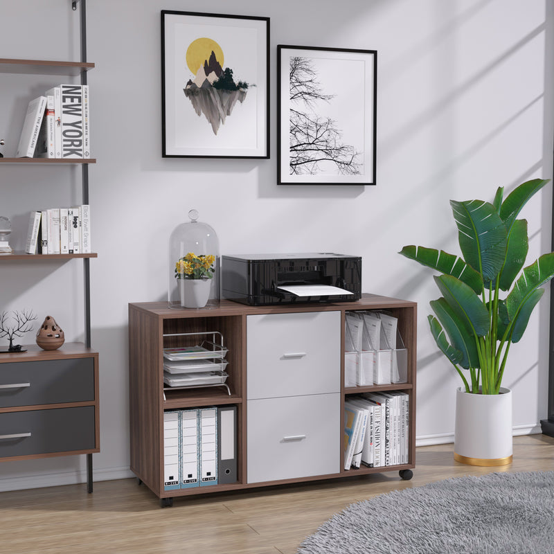 Mobile lateral filing cabinet with 2 drawers and 4 open storage cabinets, for home office, walnut-light gray