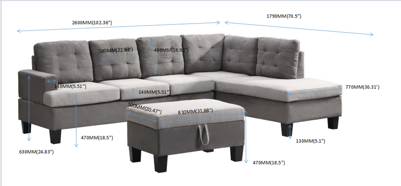 Sofa Set  for Living Room with Chaise Lounge and Storage Ottoman Living Room Furniture,(Gray)