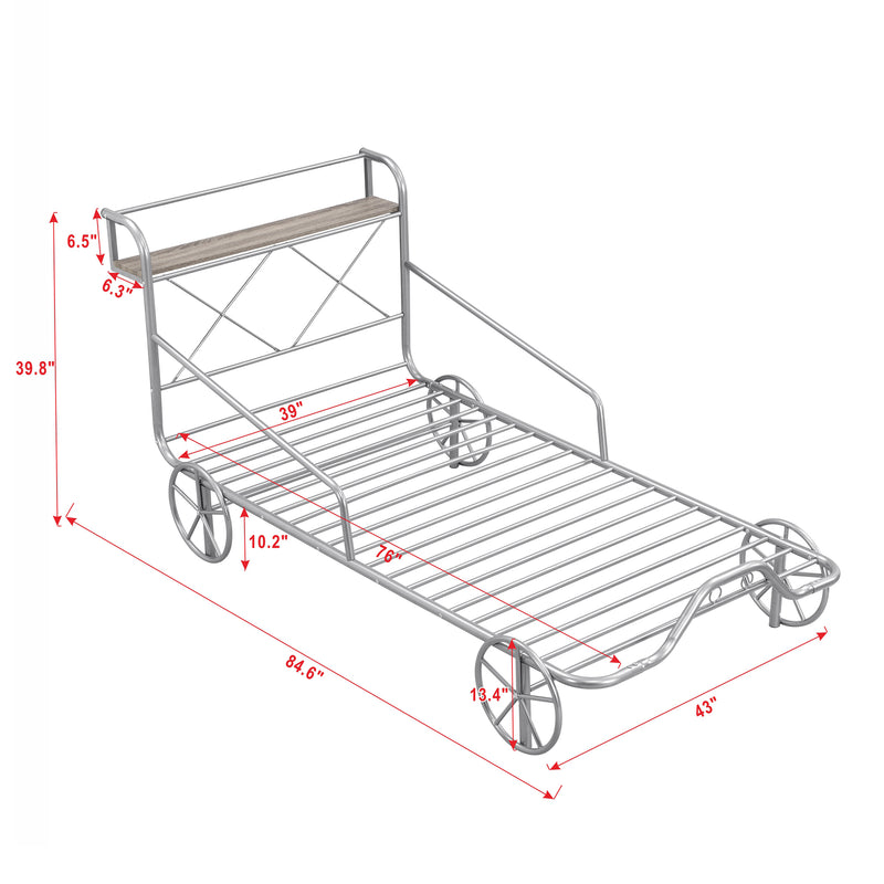 Twin Size Metal Car Bed with Four Wheels, Guardrails and  X-Shaped Frame Shelf, Silver