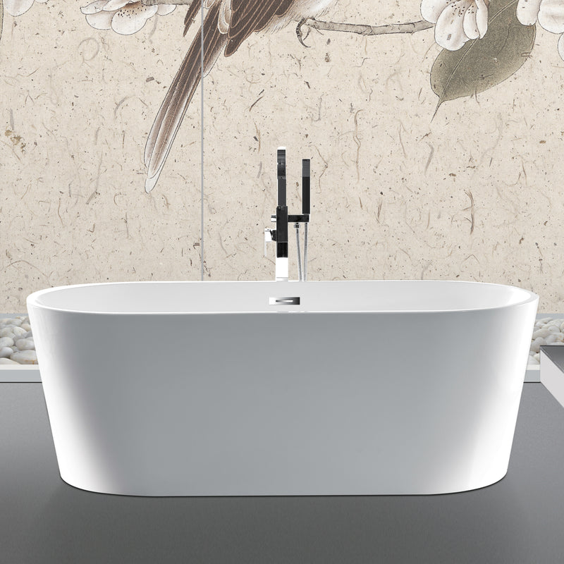 59" 100% Acrylic Freestanding Bathtub Contemporary Soaking Tub with Brushed Nickel Overflow and Drain
