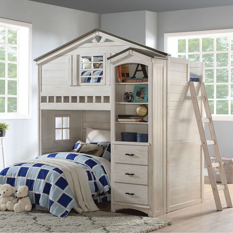 Tree House Loft Bed for Kids (Twin Size) in Weathered White & Washed Gray