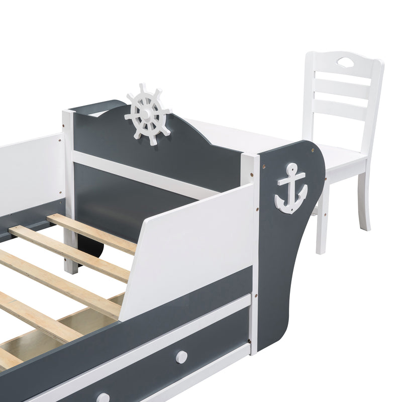 Twin Size Boat-Shaped Platform Bed with Two Drawers,Twin Bed with Desk and Chair for Bedroom,White+Gray