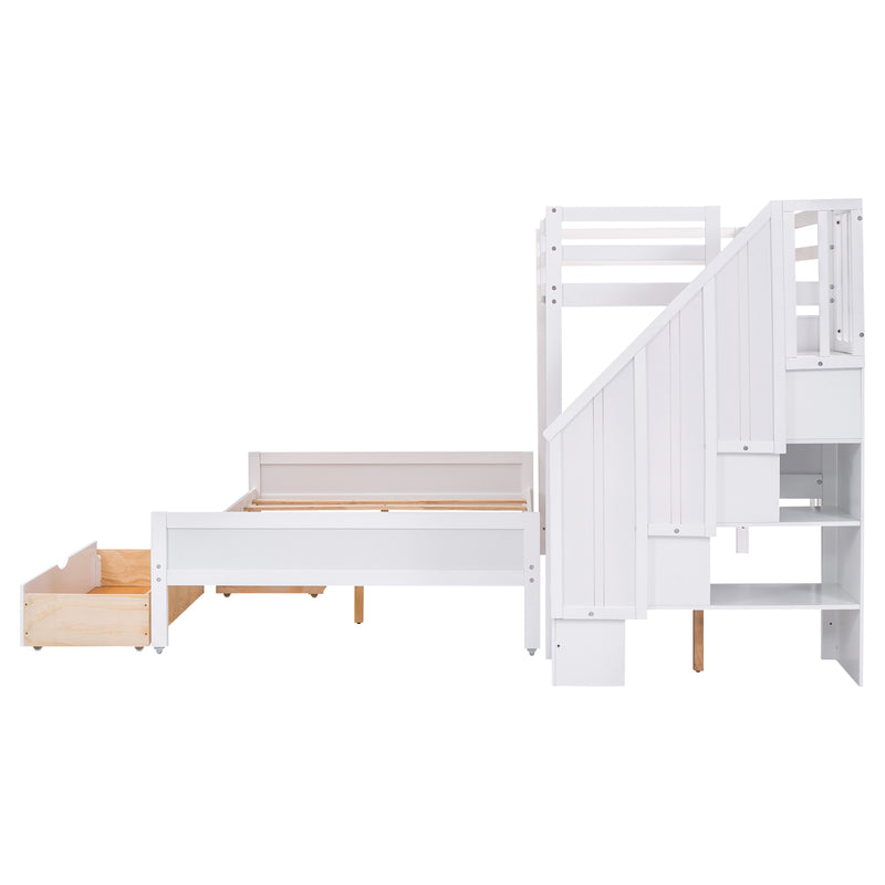 Twin XL over Full Bunk Bed with Built-in Storage Shelves, Drawers and Staircase,White