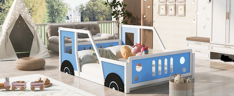 Full Size Classic Car-Shaped Platform Bed with Wheels,Blue