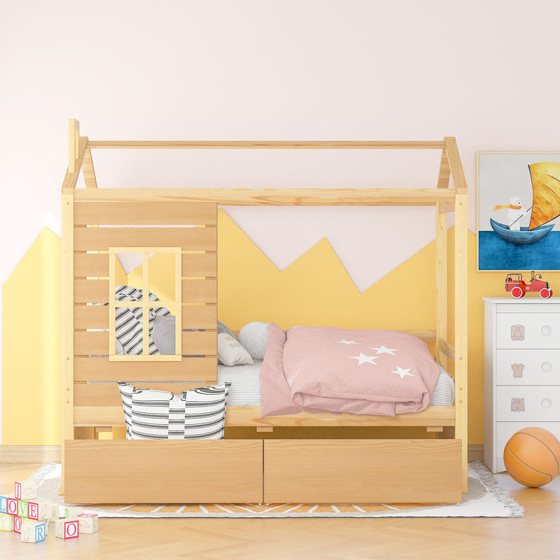 41.2&quot; Width Twin Size House Bed Wood Bed With Two Drawers Modern Classic Wood Bed Kid-friendly Design For Kids Bedroom Furniture