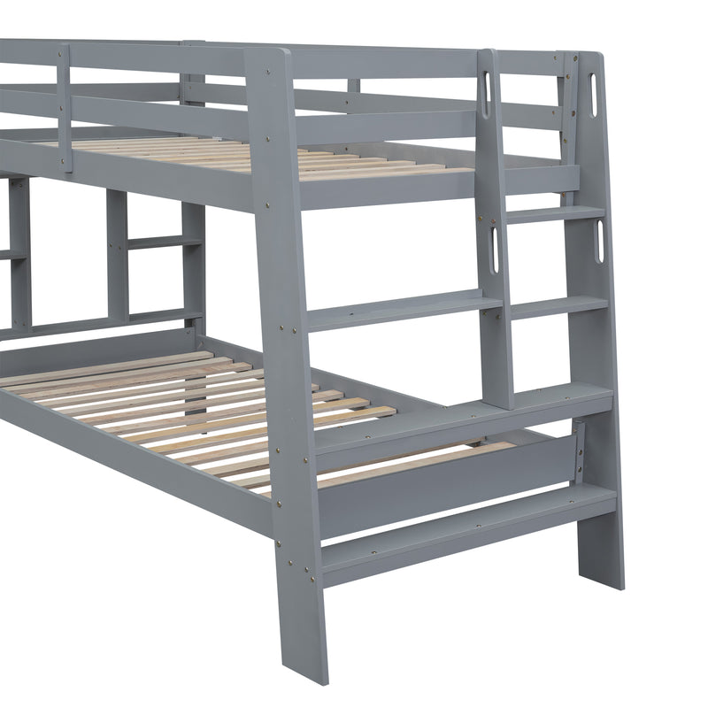 Twin over Twin Bunk Bed with Shelves and Built-in Ladder, Gray