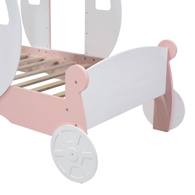 Twin size Princess Carriage Bed with Crown ,Wood Platform Car Bed with Stair,White+Pink