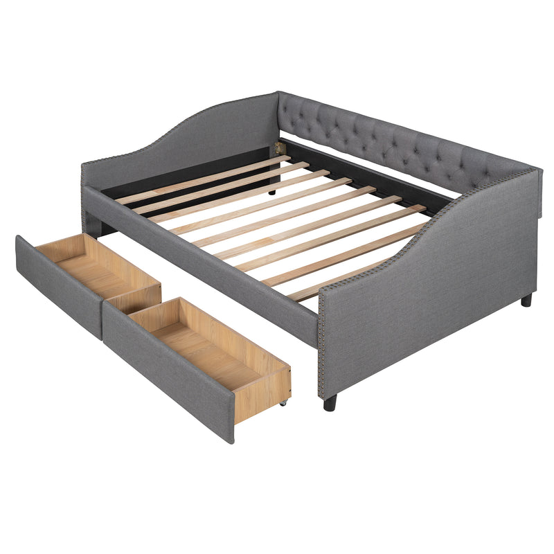 Upholstered daybed with Two Drawers, Wood Slat Support, Gray, Full Size