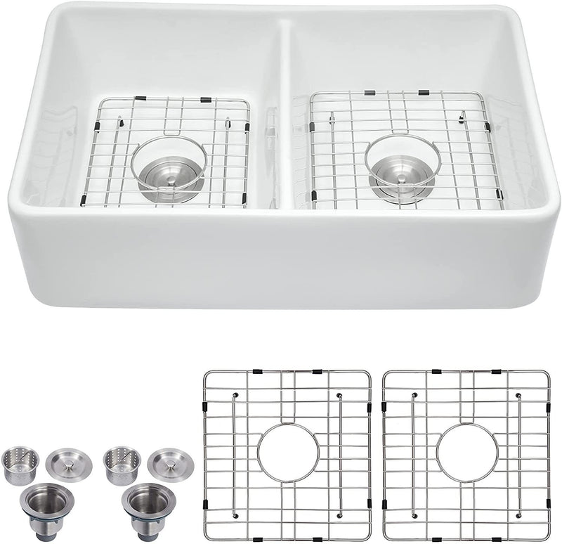 32" L x 20" W Double Basin Farmhouse Kitchen Sink with Basket Strainer