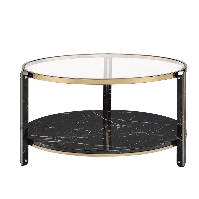 Metal Frame Round Coffee Table With Clear Glass Top Marble Shelf