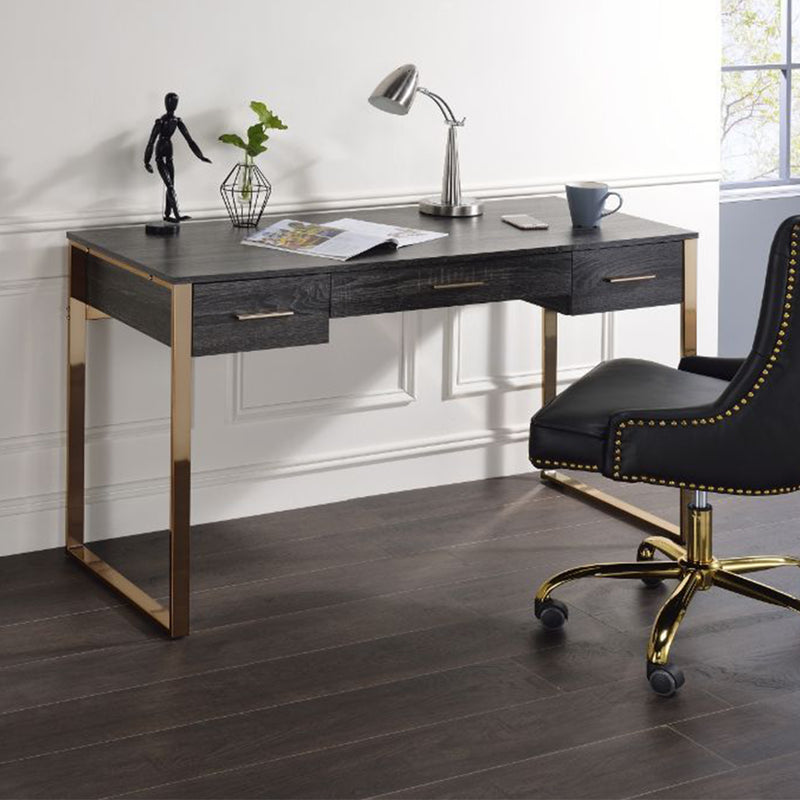 Dark Wood & Gold Double Drawer Desk