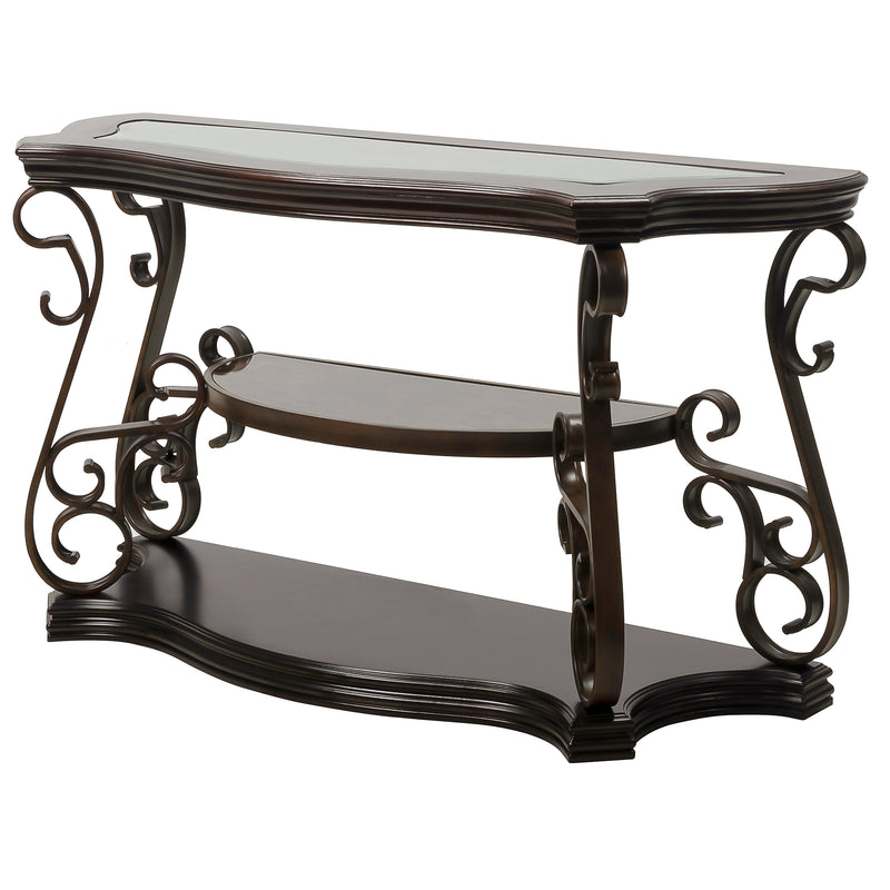 Sofa Table, Glass table top, MDF W/marble paper middle shelf, powder coat finish metal legs.