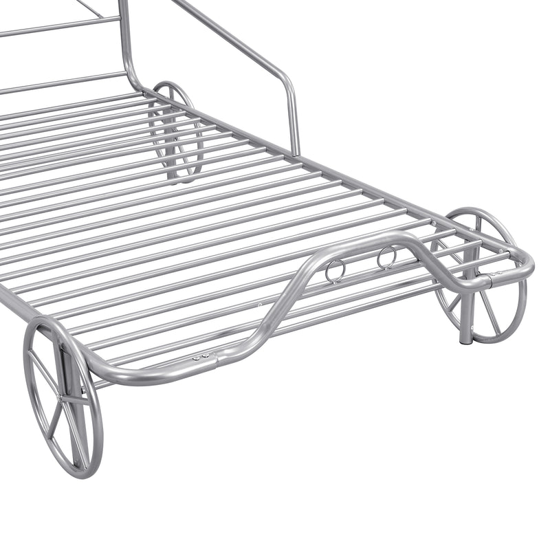 Twin Size Metal Car Bed with Four Wheels, Guardrails and  X-Shaped Frame Shelf, Silver