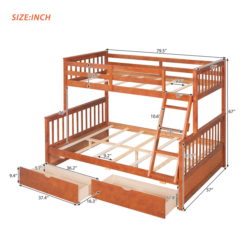Twin-Over-Full Bunk Bed with Ladders and Two Storage Drawers (Walnut)