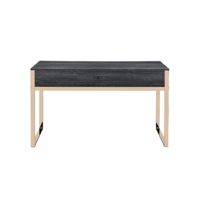 Metal Frame Wood Writing Desk, Computer Table with 2 Drawers in Champagne Gold & Black Finish