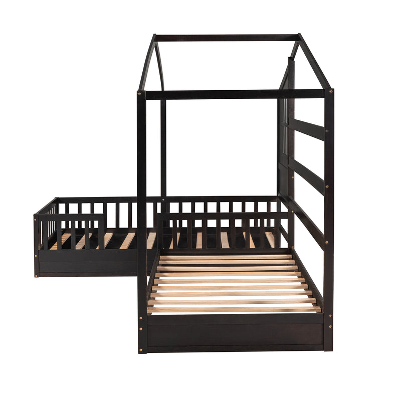Wood House Bed Twin Size, 2 Twin Solid Bed L structure with fence and slatted frame （Espresso)