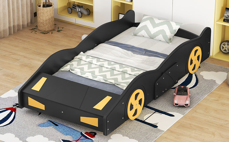 Twin Size Race Car-Shaped Platform Bed with Wheels and Storage, Black+Yellow