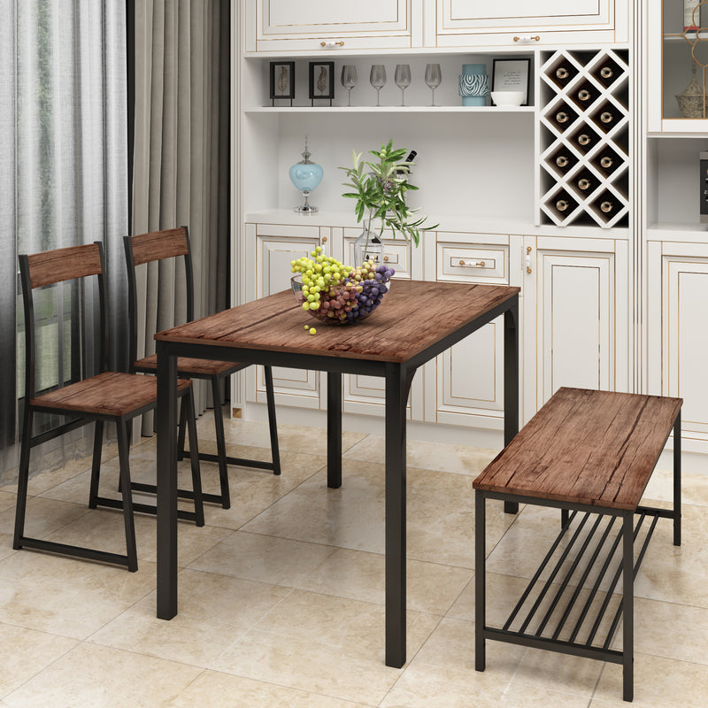 4 Piece Dining Set for 4 Kitchen Table Set Computer Desk with 2 Chairs and Bench for Home Dining Room, Brown