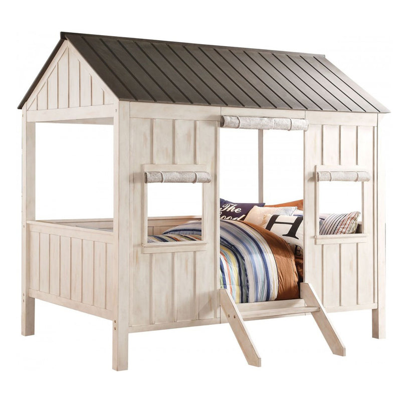 Spring Cottage Full Tree House Bed for Kids in Weathered White & Washed Gray